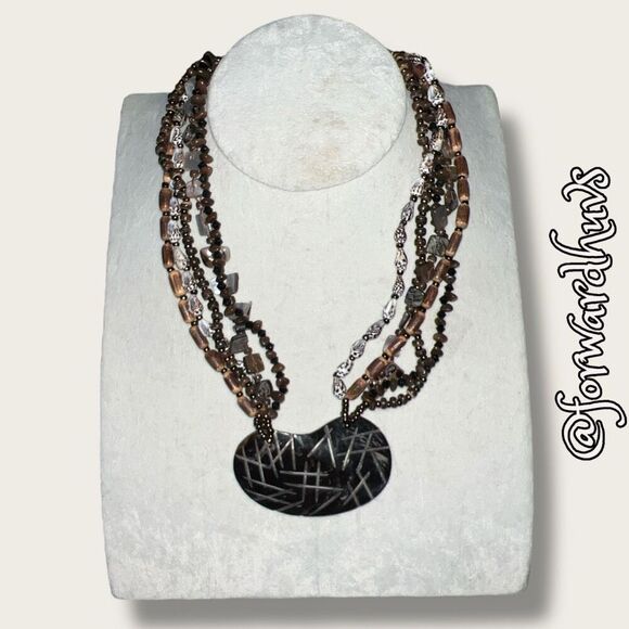 Multi-Strand Shell & Wood Bead Necklace with Large Shell Pendant - Picture 1 of 11